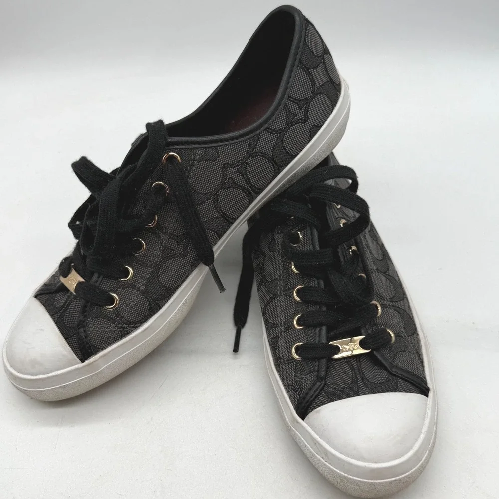 Coach 9 Empire Low Top Sneakers Black Signature C Monogram Canvas Gold Hardware